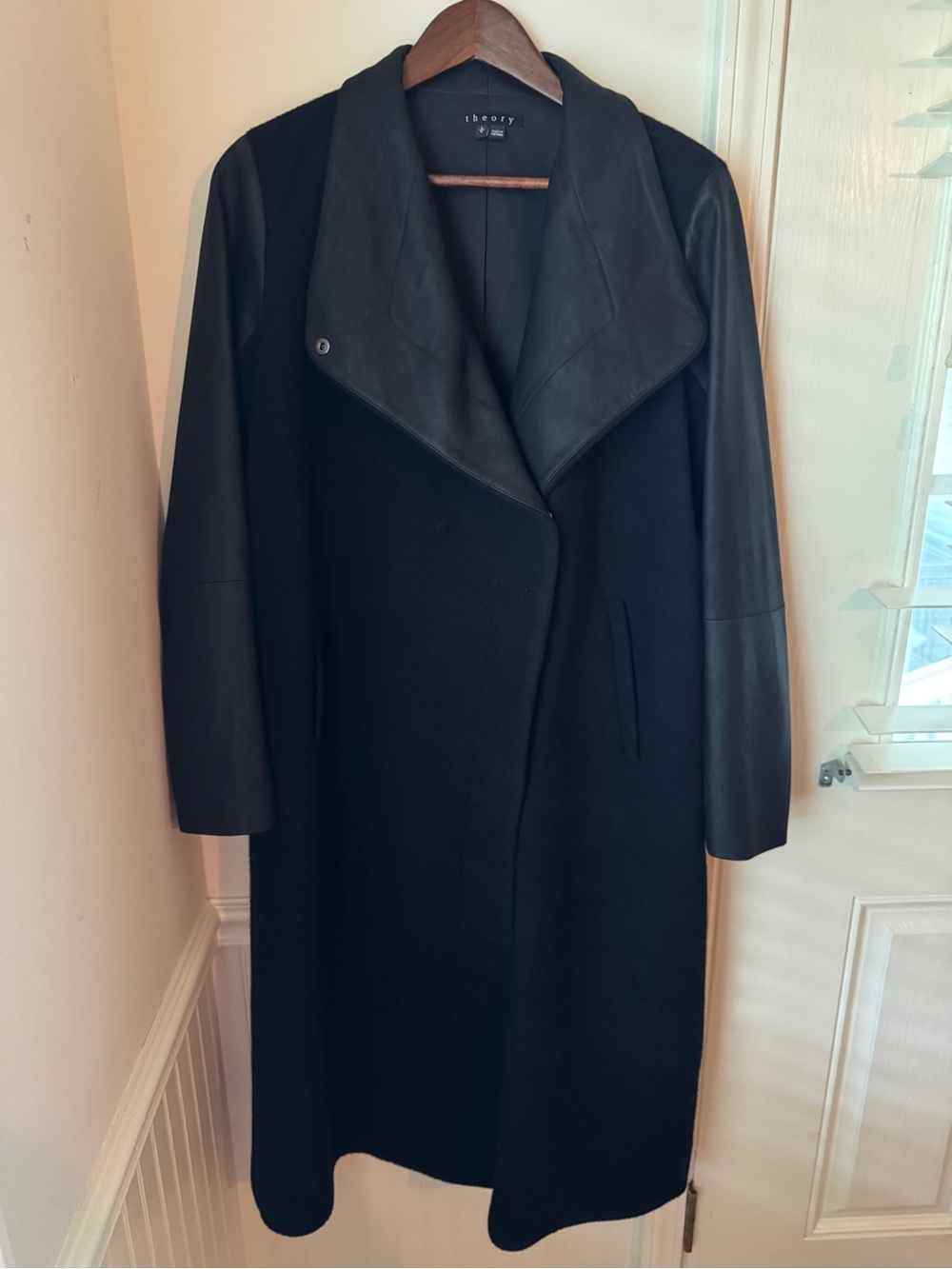Theory Womens Black Wool Blend Long Coat Leather Sleeves Shawl Collar Large